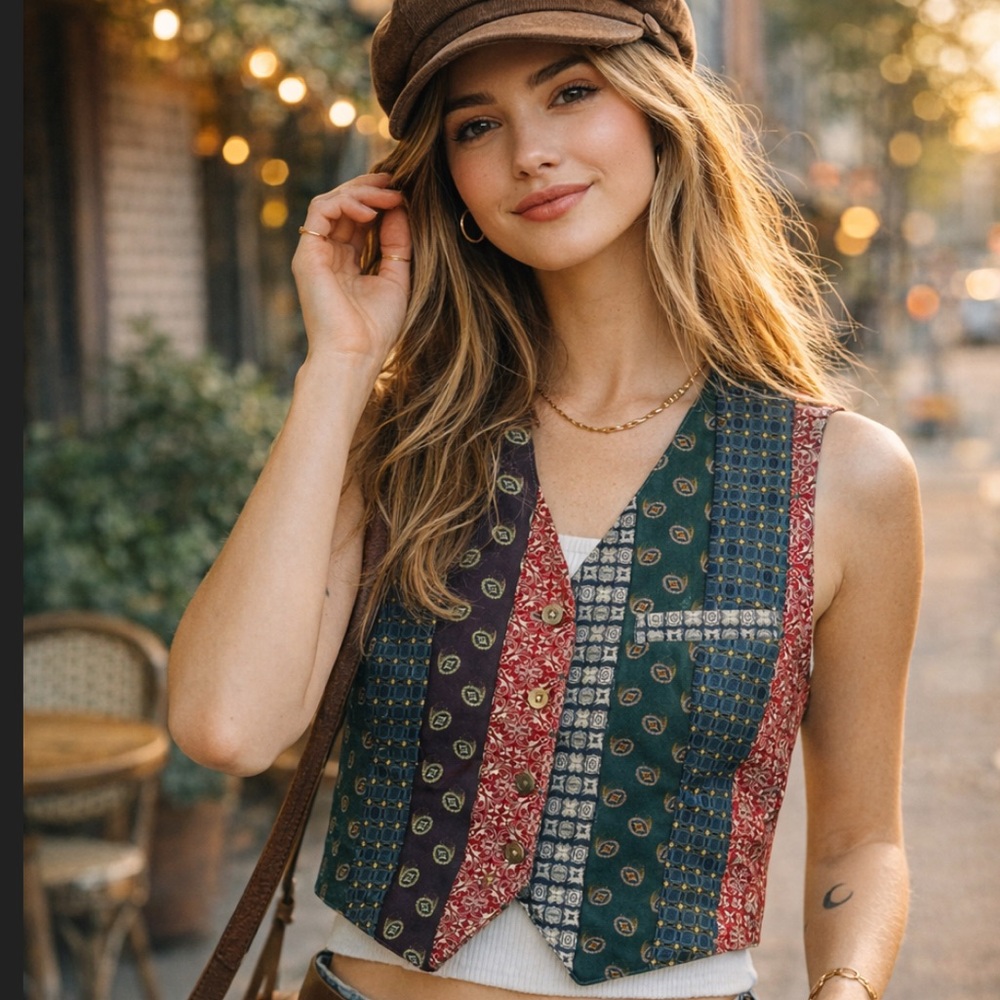 GAP Patchwork Sleeveless Vest in Green, Red, Navy